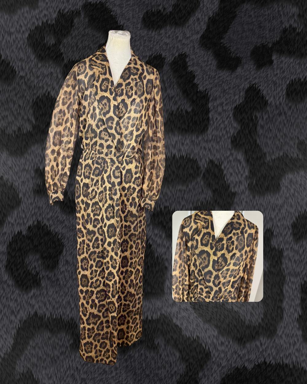 Vintage 60s Helga Leopard Print Hostess Shirt Maxi Mob Wife Wrap Dress Size S